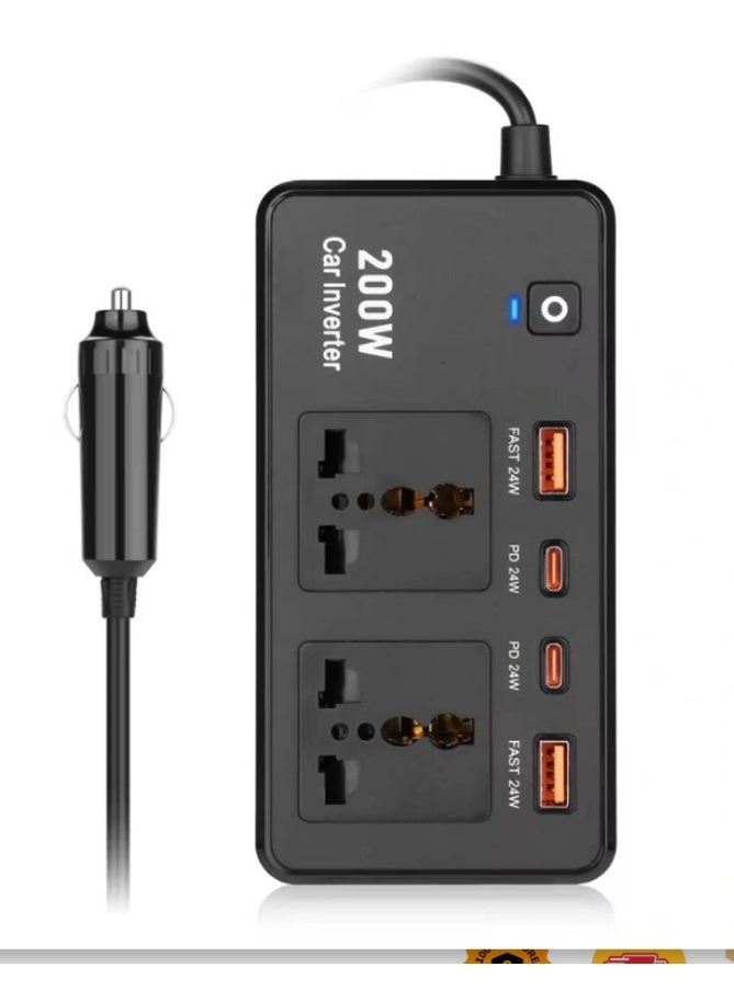 200W Car Inverter 12V DC to 220V AC Power Adapter – Includes 2 USB-A & 2 Type-C Ports for Laptop, Computer, Smartphones – Compact and Portable Power Converter for Car Travel, Home & Office - Image 1